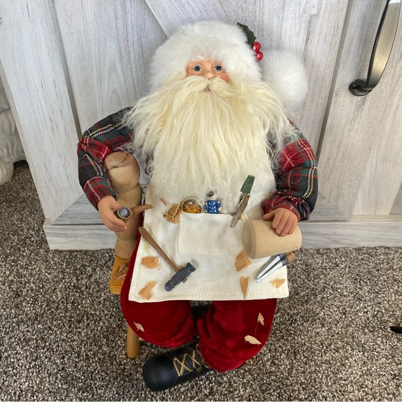 Vintage Sitting Santa W/ Tools & Paints Repairing Toys 13.5” Sitting on Chair - Picture 1 of 13